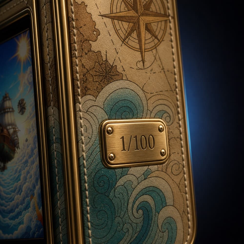 Close-up of the Pirate collector box one-of-one-hundred serial plate